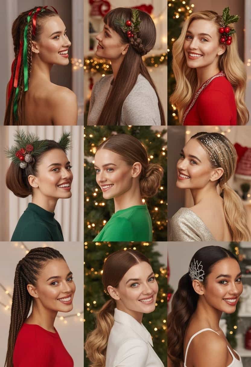 Ten women with different festive Christmas hairstyles smiling in a cozy room decorated for the holidays.