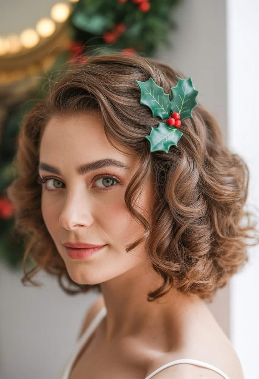 Close-up of a woman with soft curls wearing holly leaf hairpins in her hair.