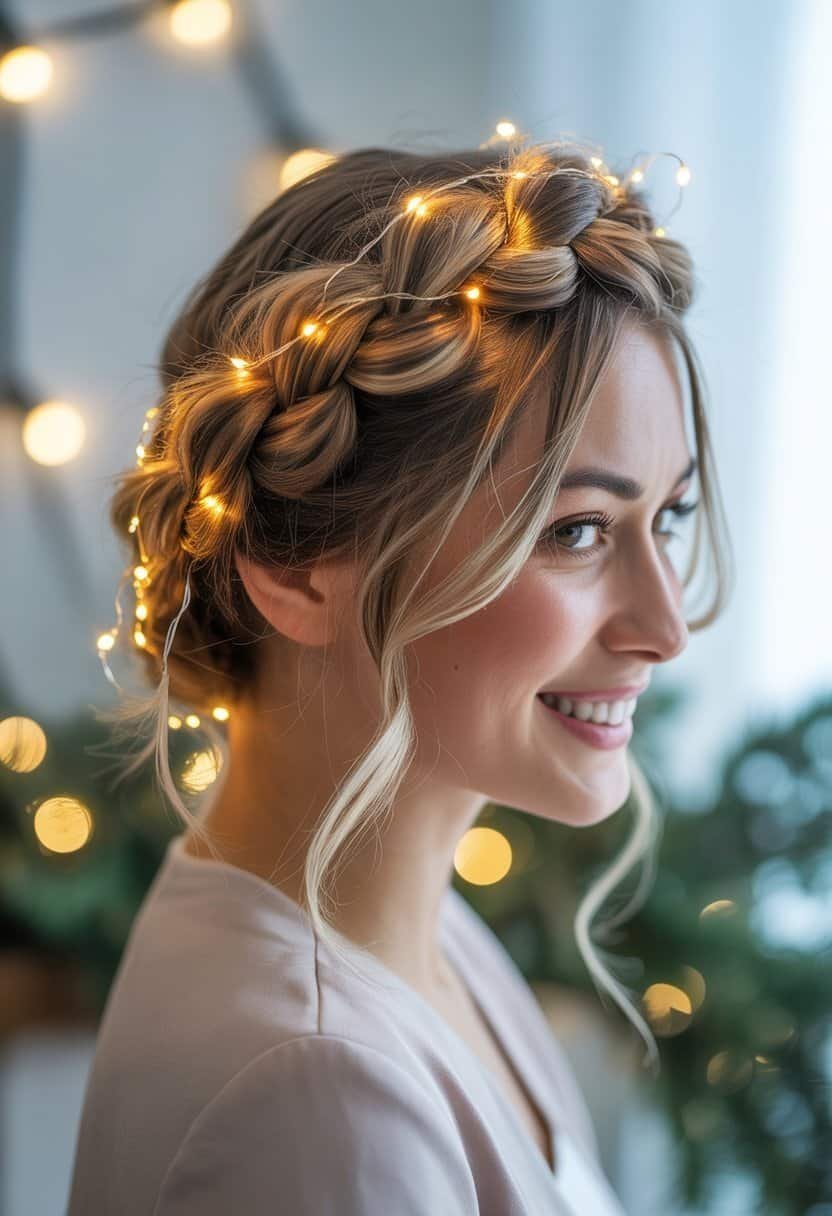 A woman with a twisted halo braid decorated with small glowing fairy lights, smiling gently in a softly lit festive setting.