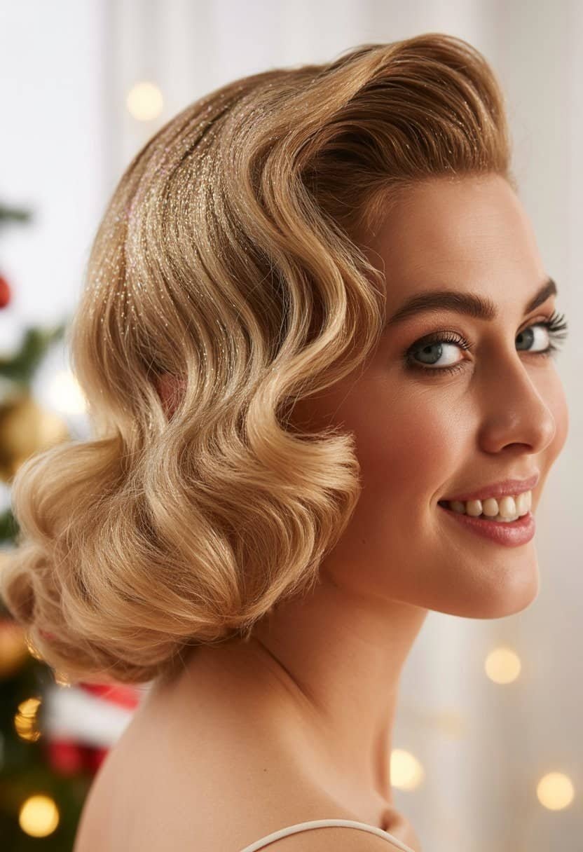 Close-up of a woman with wavy hair sprayed with glittery gold, smiling with blurred Christmas decorations in the background.