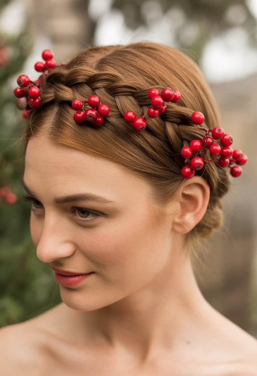 A woman with a braided crown hairstyle decorated with red berries, looking serene against a softly blurred background.