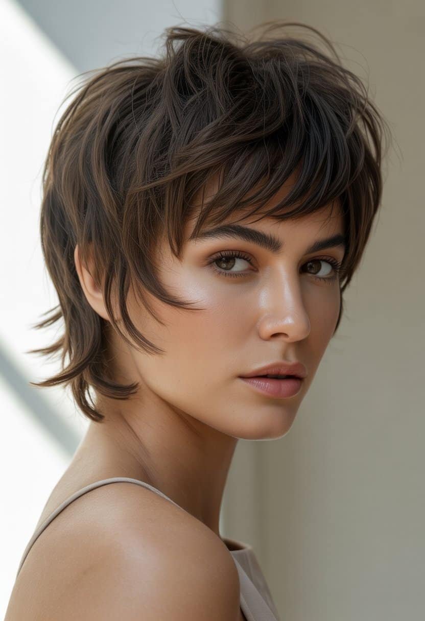 A young woman with a short layered haircut and short bangs, posing against a neutral background.