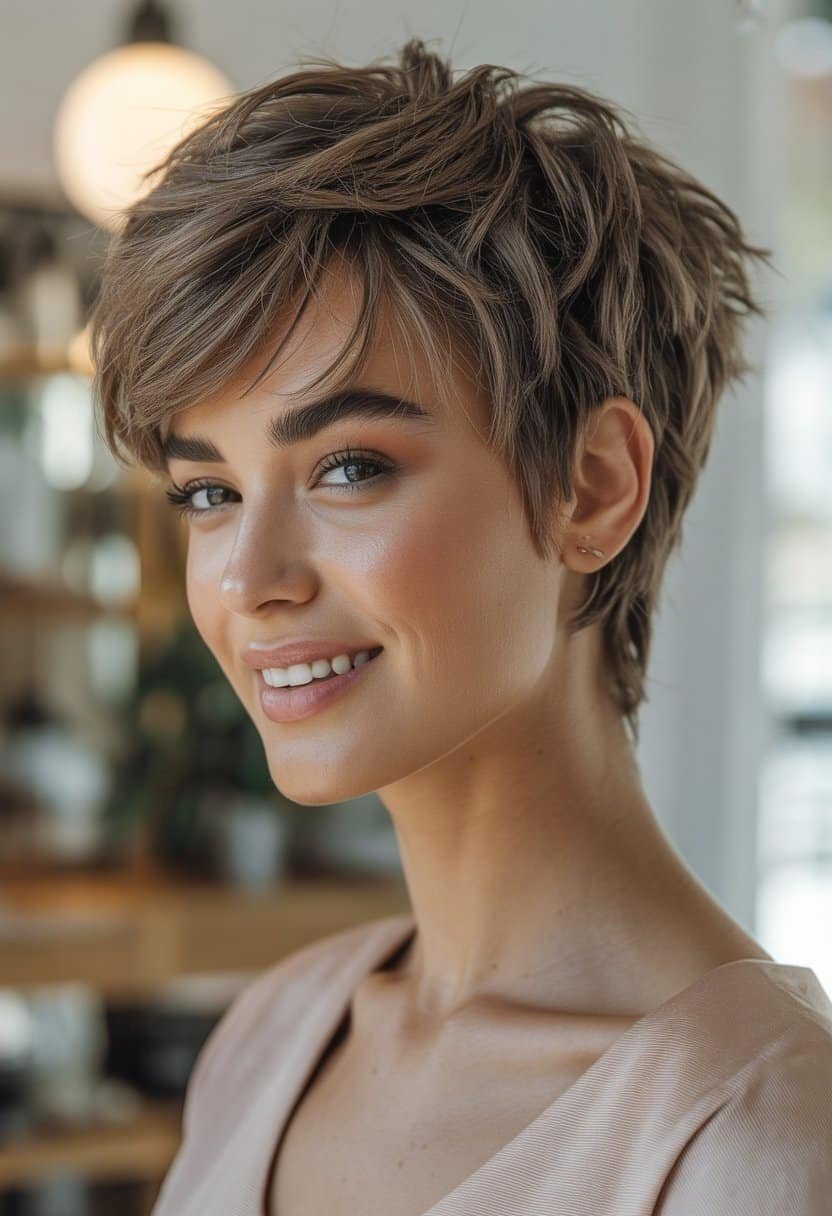 A young woman with short, layered messy hair smiling softly against a blurred background.