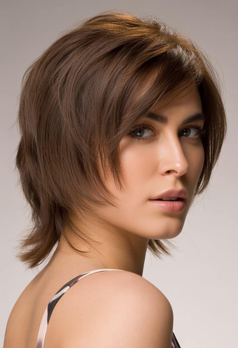 A young woman with a layered, textured haircut posing against a neutral background.