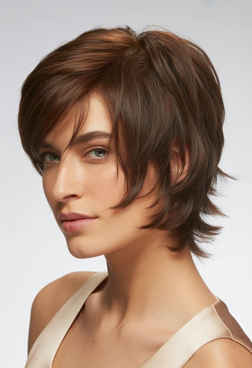 A person with short layered hair posing against a plain background.