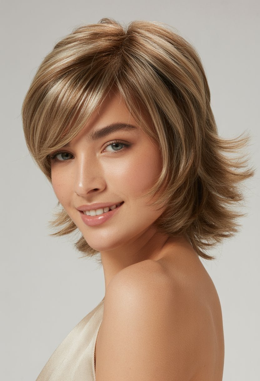A young woman with a layered shag haircut and side-swept bangs smiling in a studio setting.