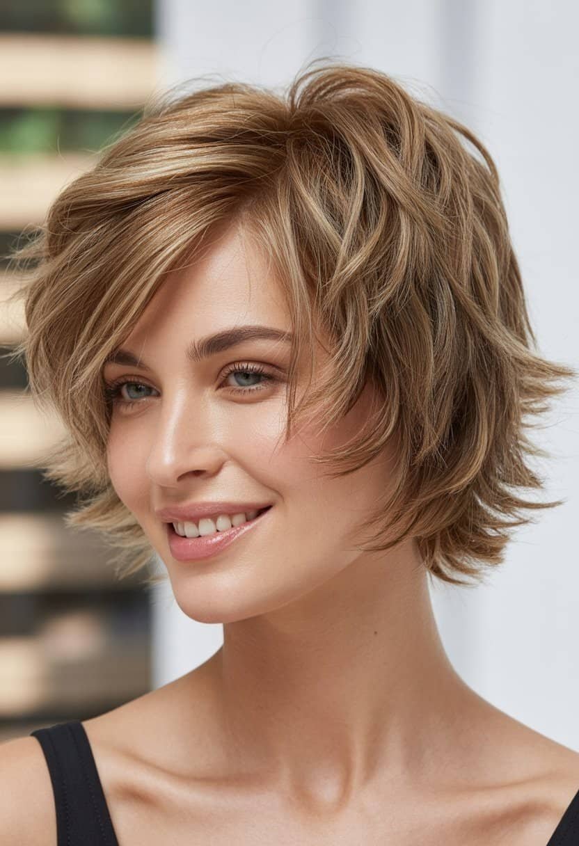 A woman with a short, textured haircut smiling softly against a blurred neutral background.