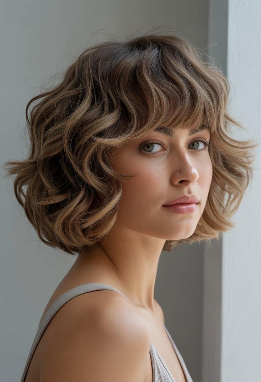 A young woman with wavy layered hair and curtain bangs, smiling gently against a plain background.