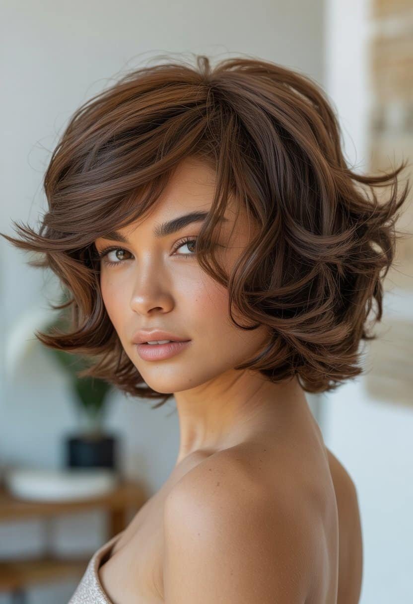 Portrait of a young woman with thick, voluminous layered hair smiling softly against a neutral background.