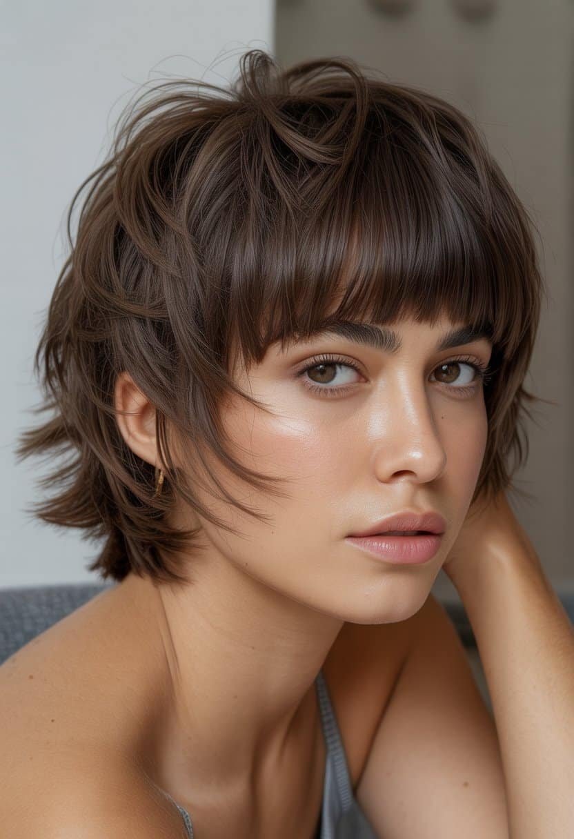 A young woman with short, layered hair and blunt bangs, looking confidently at the camera against a plain background.