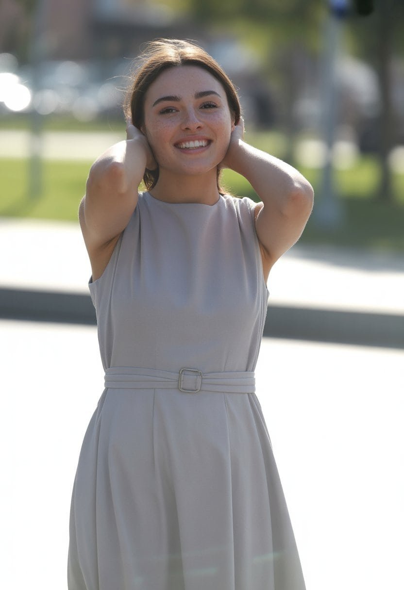 A young woman stands outdoors wearing a light gray midi dress with a belt, smiling gently with natural lighting and a blurred background.