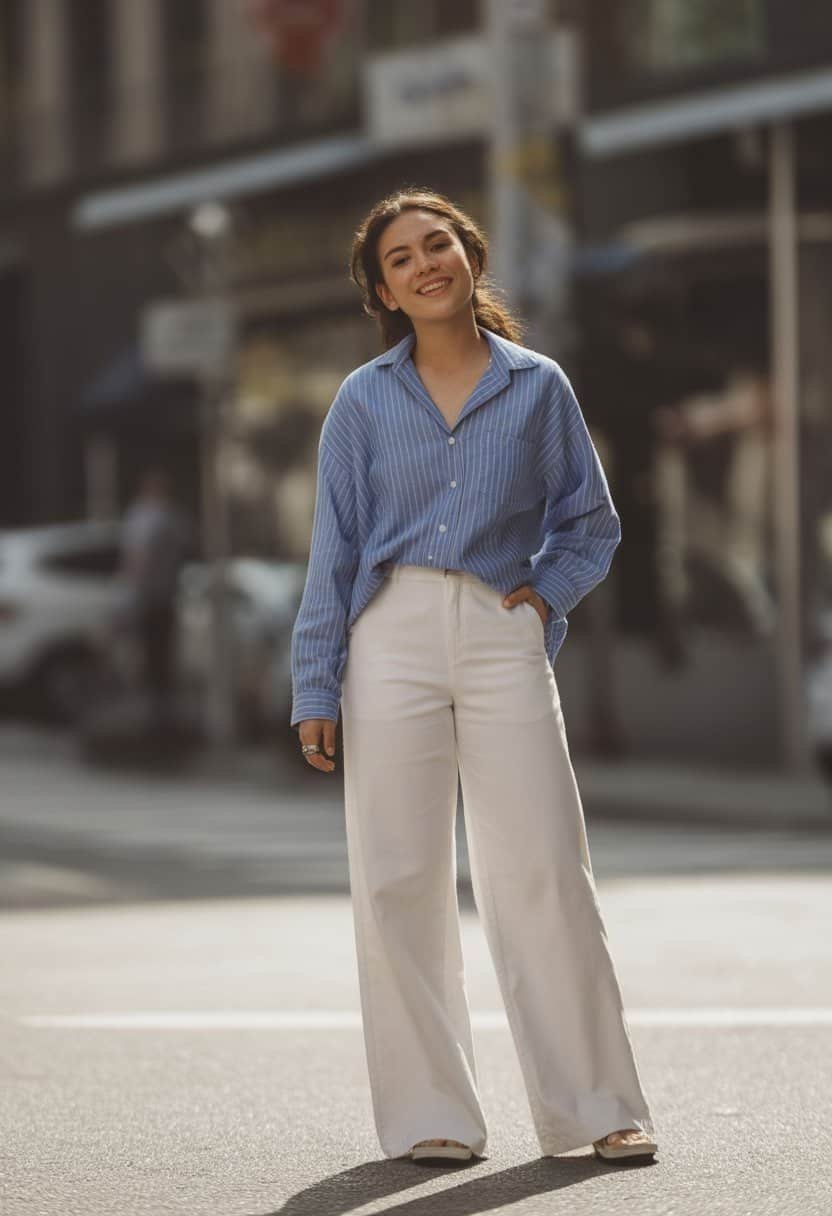 A young woman stands outdoors wearing white wide-leg pants and a blue-striped button-down shirt, looking relaxed and natural.
