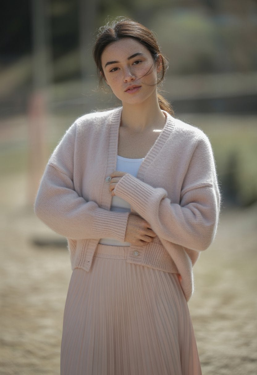 A young woman standing outdoors wearing a pastel cardigan and pleated midi skirt, looking relaxed and natural.