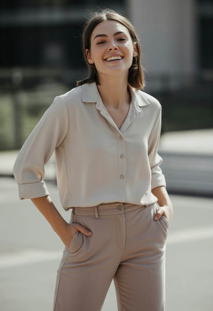 A young woman standing outdoors wearing a button-up blouse with rolled sleeves and ankle-length trousers, smiling naturally.