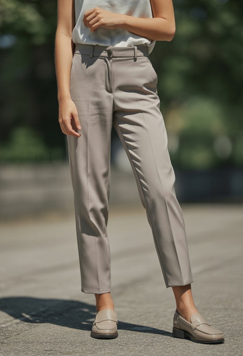 A young woman standing outdoors wearing cigarette pants and loafers, looking relaxed and confident.