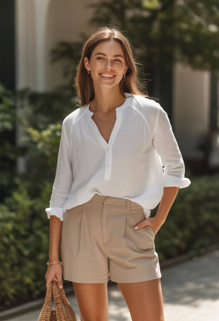 A young woman standing outdoors in summer clothing, smiling gently with greenery and buildings in the background.