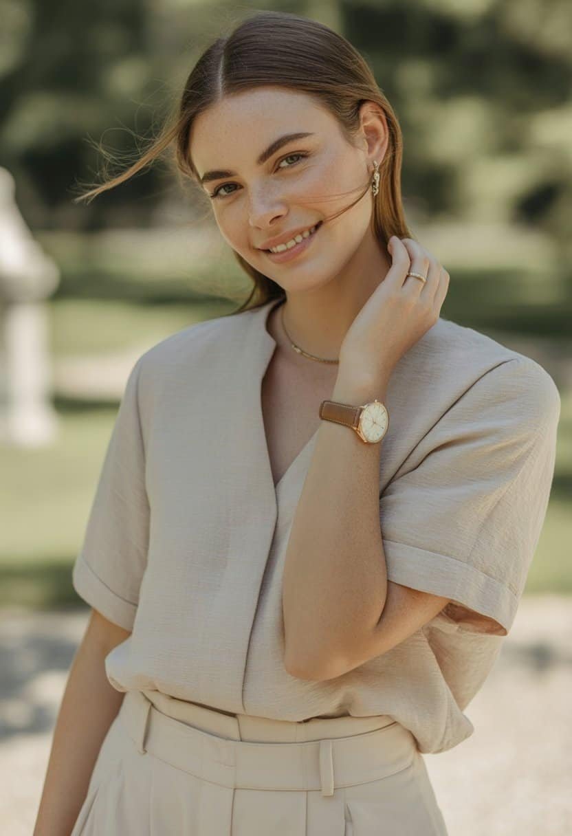 A young woman outdoors in summer clothing, smiling gently with natural lighting and greenery in the background.