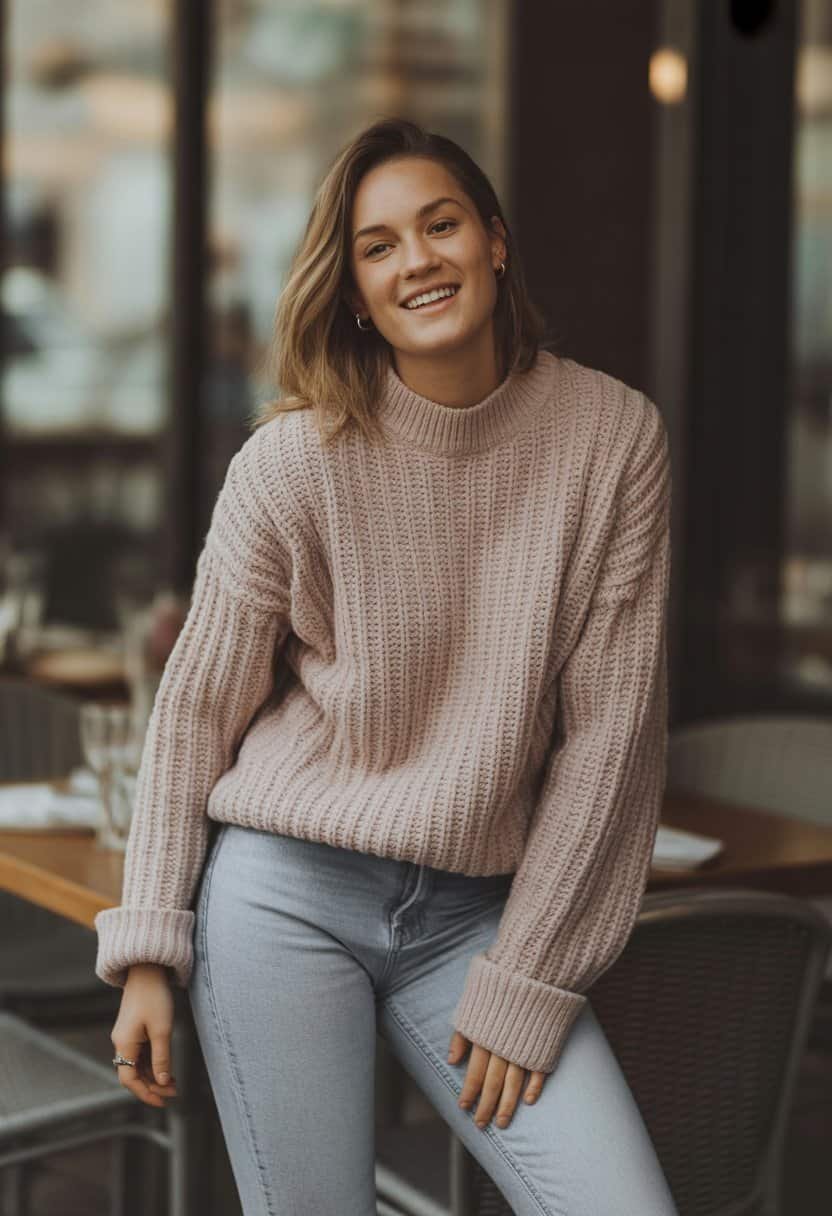 A young woman wearing a chunky knit sweater and skinny jeans, smiling naturally in a casual setting.