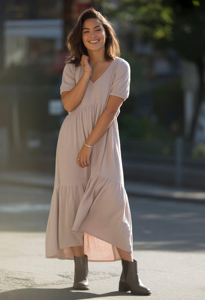 A young woman standing outdoors wearing a long dress and ankle boots, smiling gently with a relaxed expression.