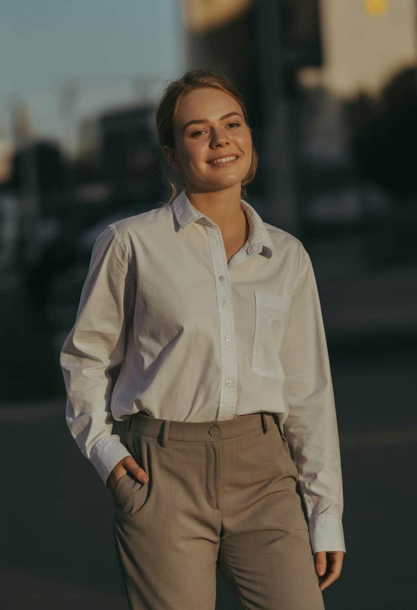 A young woman standing outdoors wearing a white shirt and slacks, smiling gently with a natural expression.