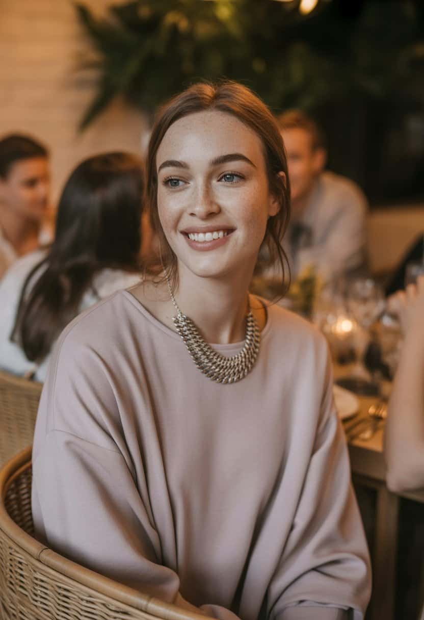 A young woman wearing a monochrome outfit and a statement necklace, smiling naturally in a softly lit indoor setting.