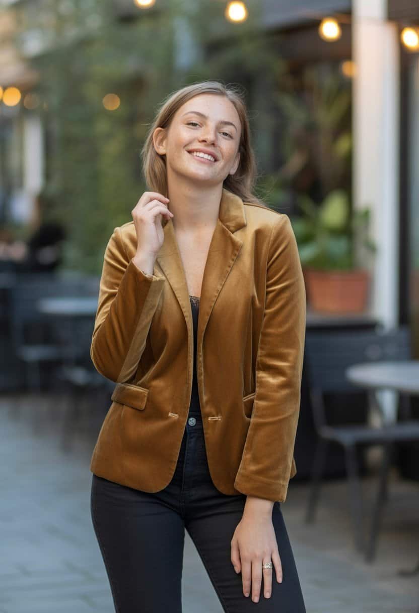 A young woman standing outdoors wearing a velvet blazer and black jeans, smiling gently.