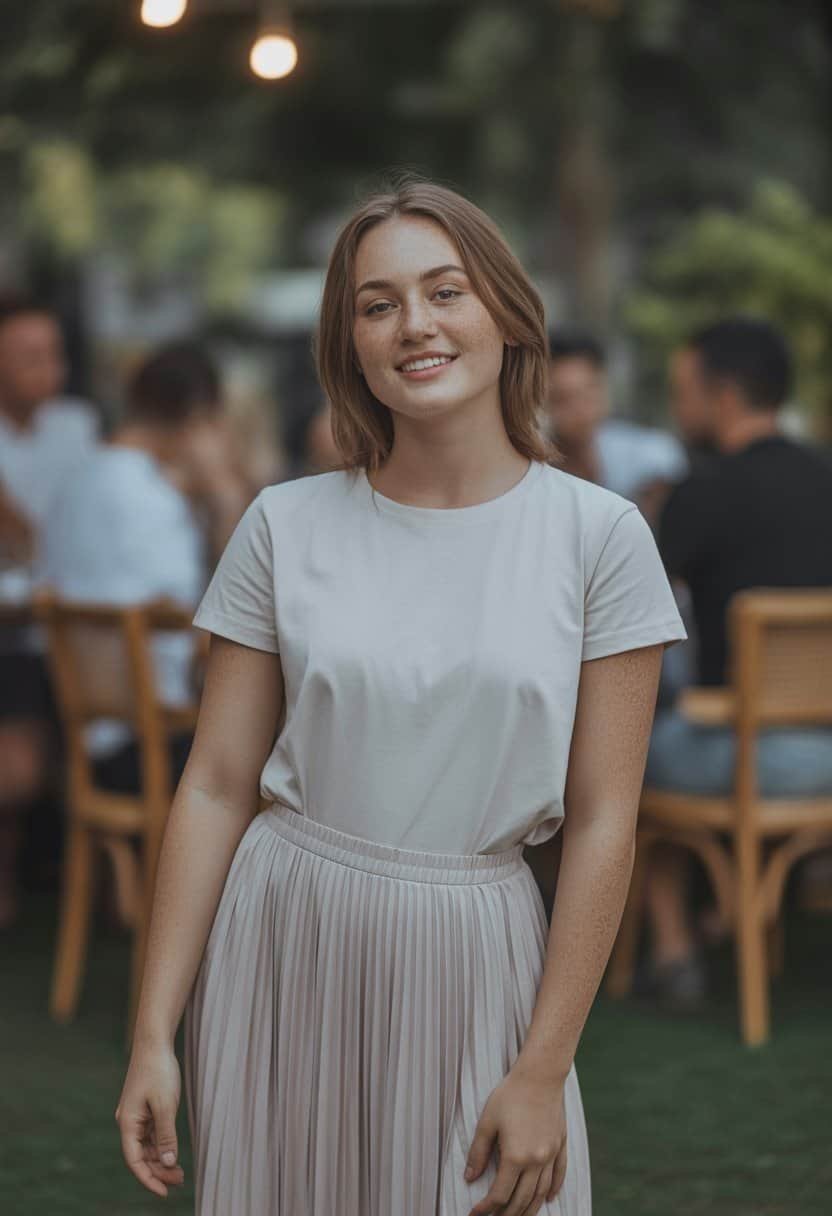 A young woman standing outdoors wearing a white tee and pleated skirt, smiling gently with a blurred background.