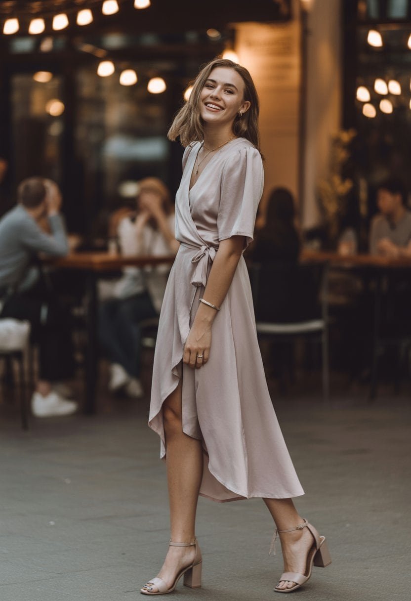 A young woman standing outdoors in a wrap dress and block heels, smiling warmly in a softly lit urban setting.