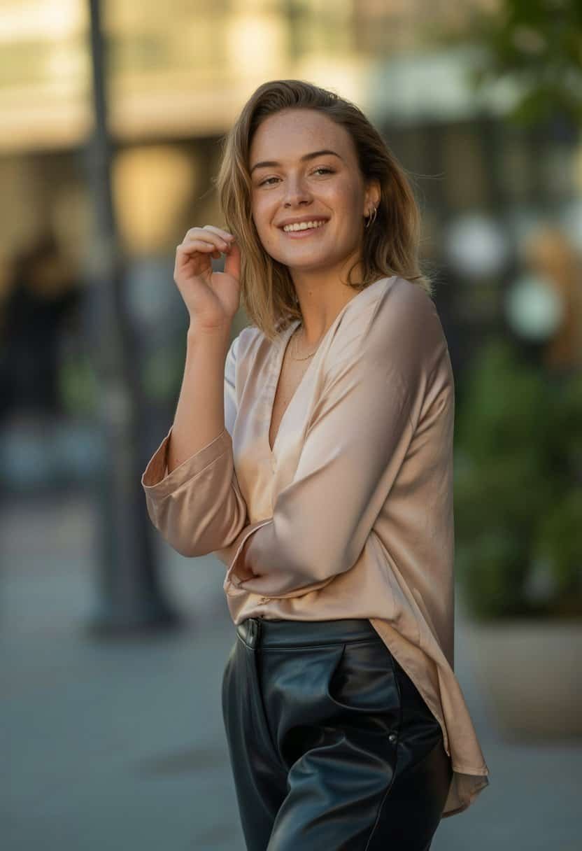 A young woman smiling outdoors wearing a silk blouse and leather pants, standing in a softly blurred urban setting during sunset.