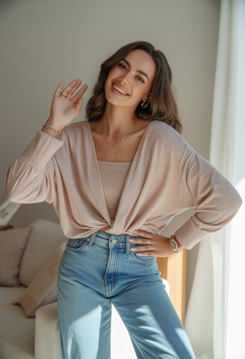A young woman stands smiling in a casual outfit in a bright, simple setting.
