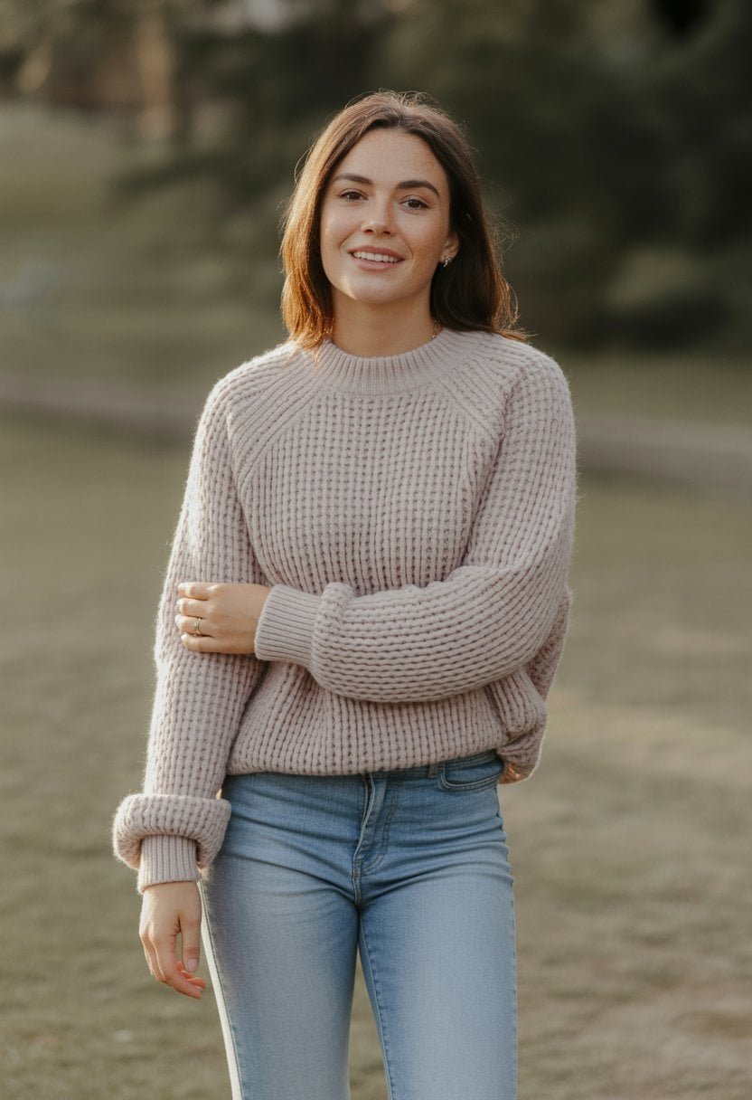 A young woman standing outdoors wearing a chunky knit sweater and skinny jeans, looking relaxed and natural.