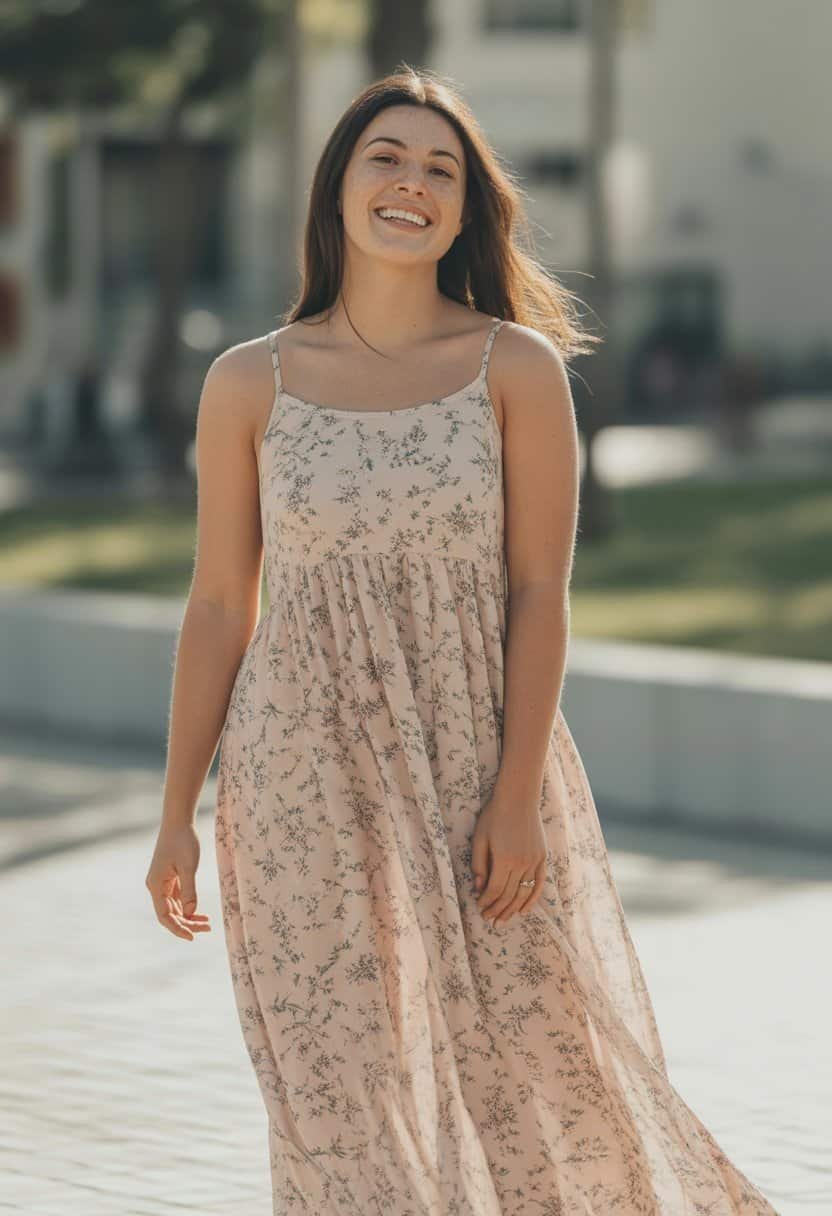 A young woman standing outdoors wearing a long floral dress, smiling naturally with a relaxed pose.