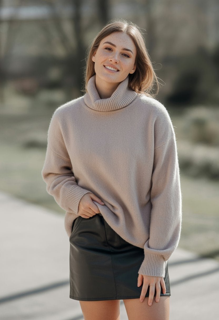 A young woman standing outdoors wearing a turtleneck sweater and leather skirt, smiling gently.