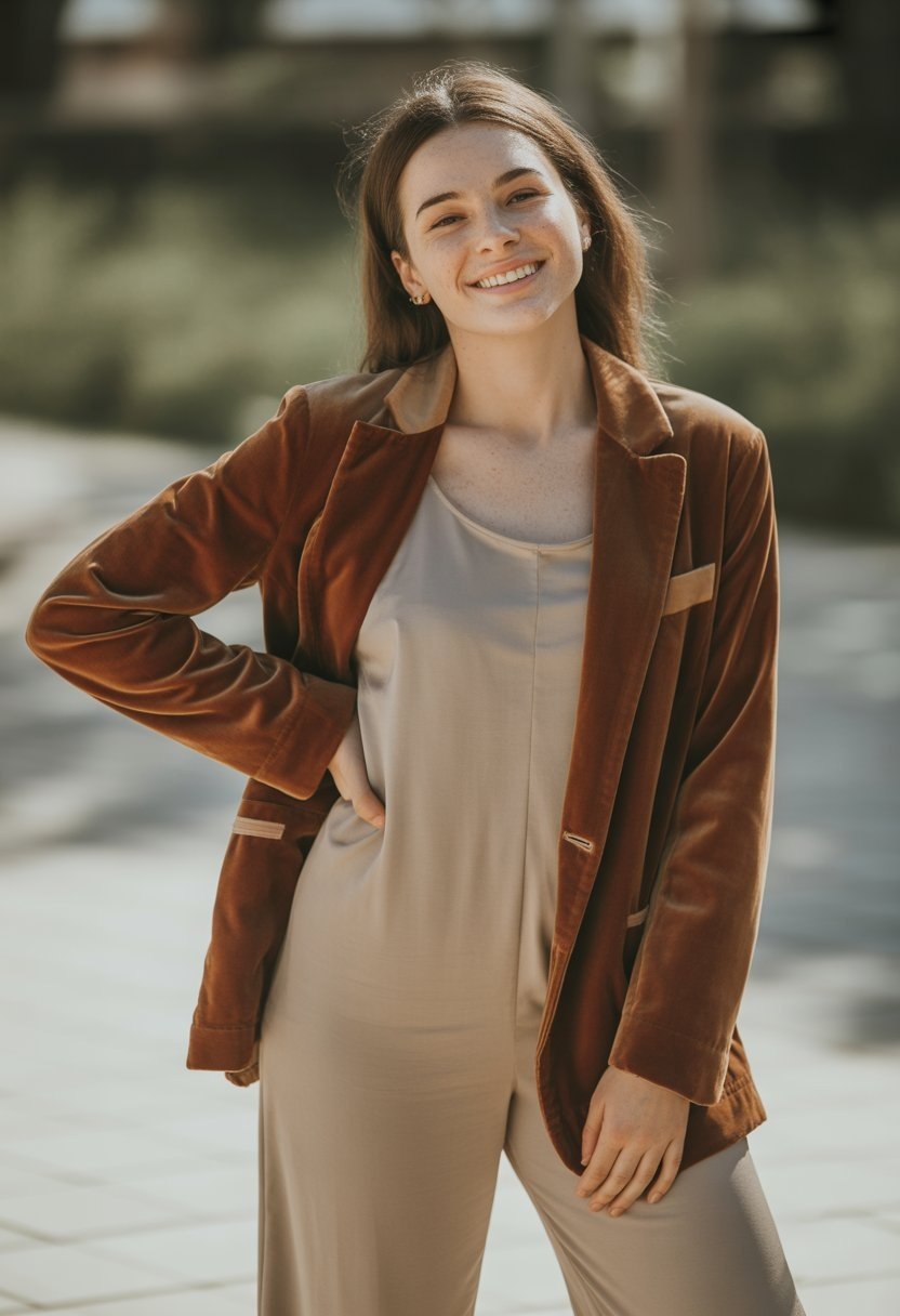 A young woman standing outdoors wearing a velvet blazer over a jumpsuit, looking relaxed and confident.
