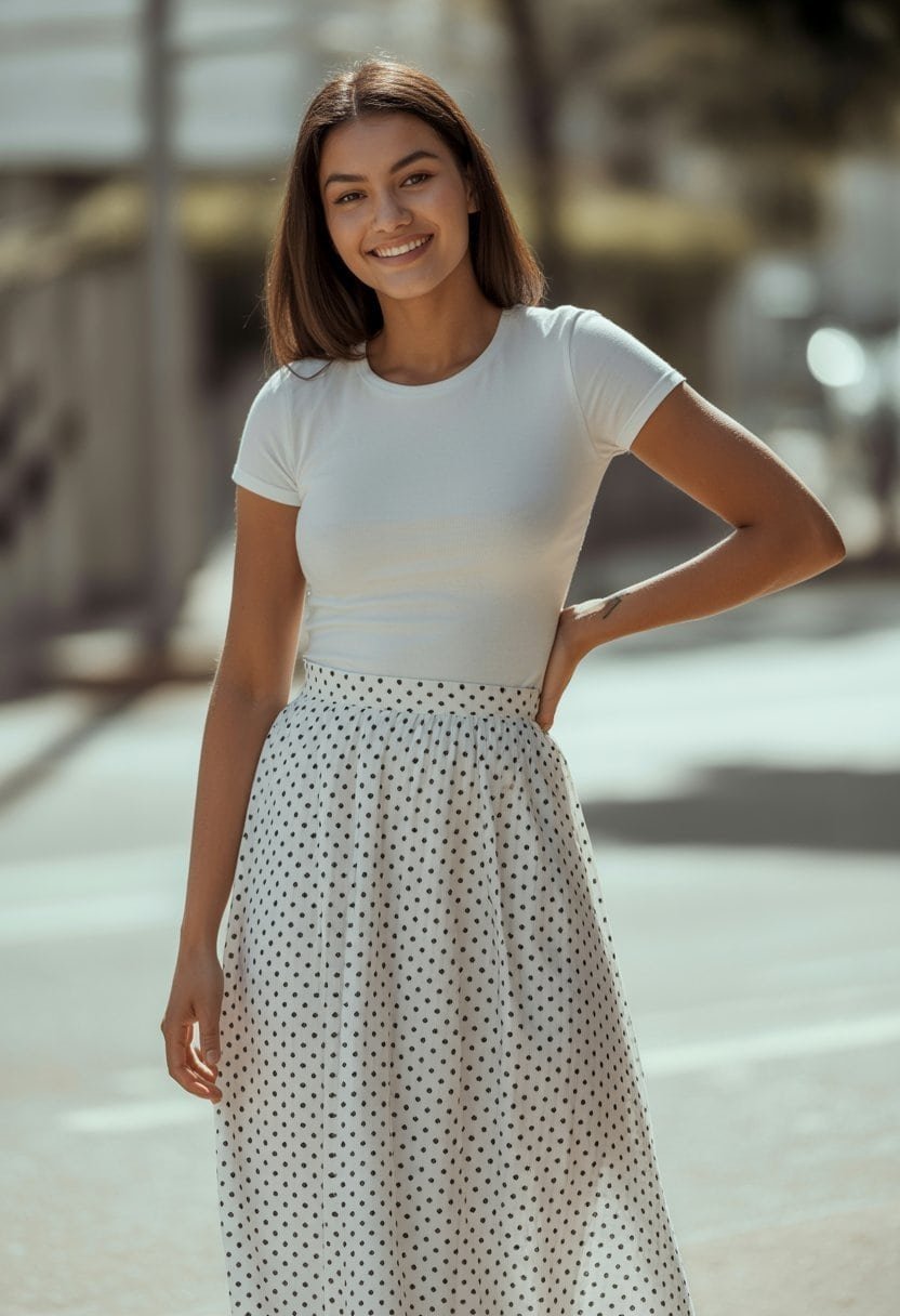 A young woman standing outdoors wearing a polka dot midi skirt and a fitted white tee, smiling gently.