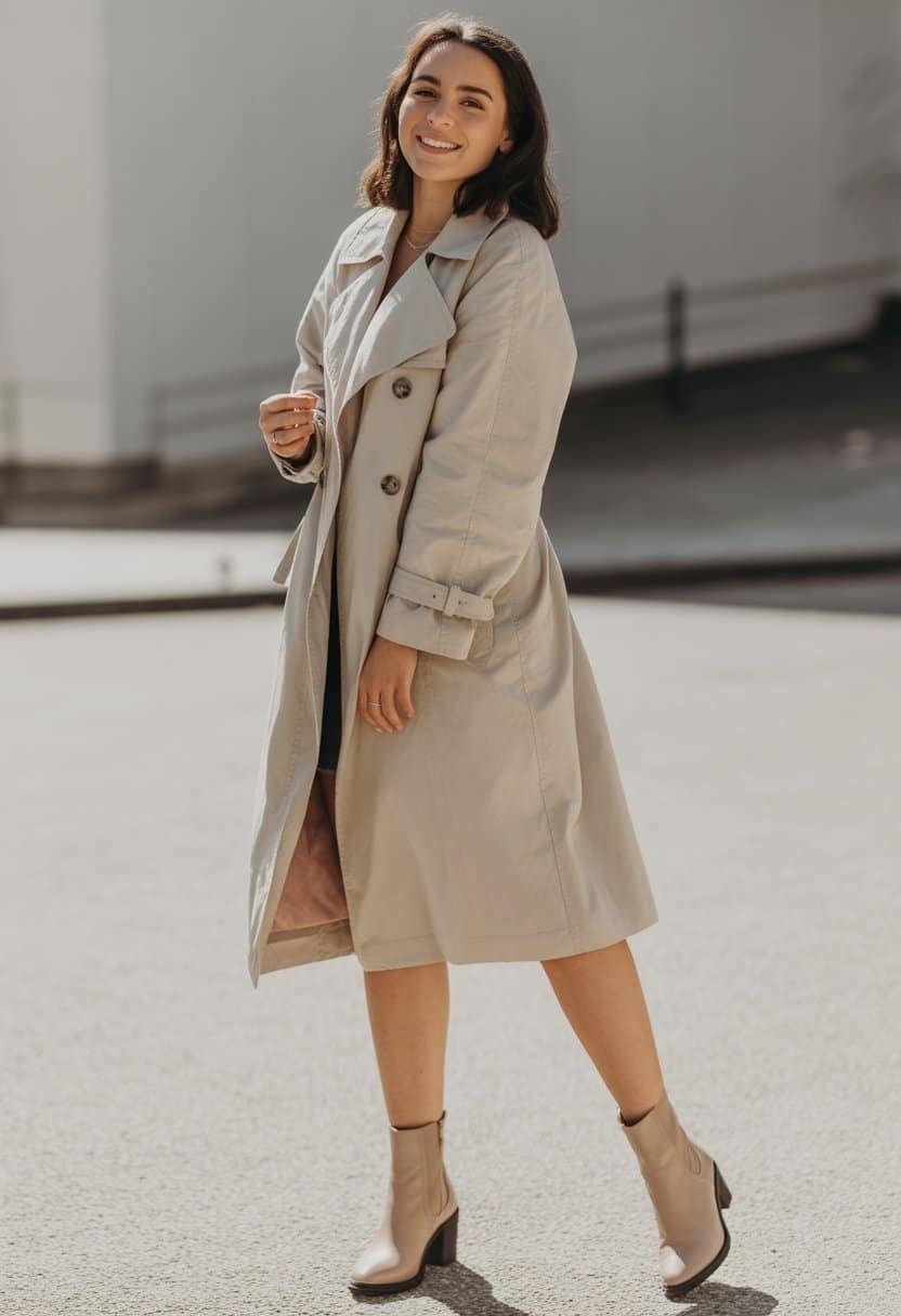 A young woman stands outdoors wearing a trench coat and ankle boots, looking relaxed and natural in a full-body shot.
