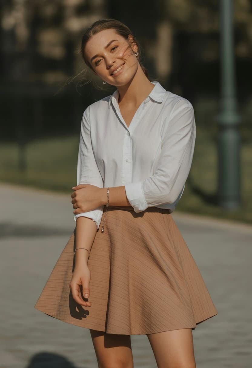 A young woman standing outdoors wearing an A-line skirt and button-down shirt, smiling softly with a relaxed posture.