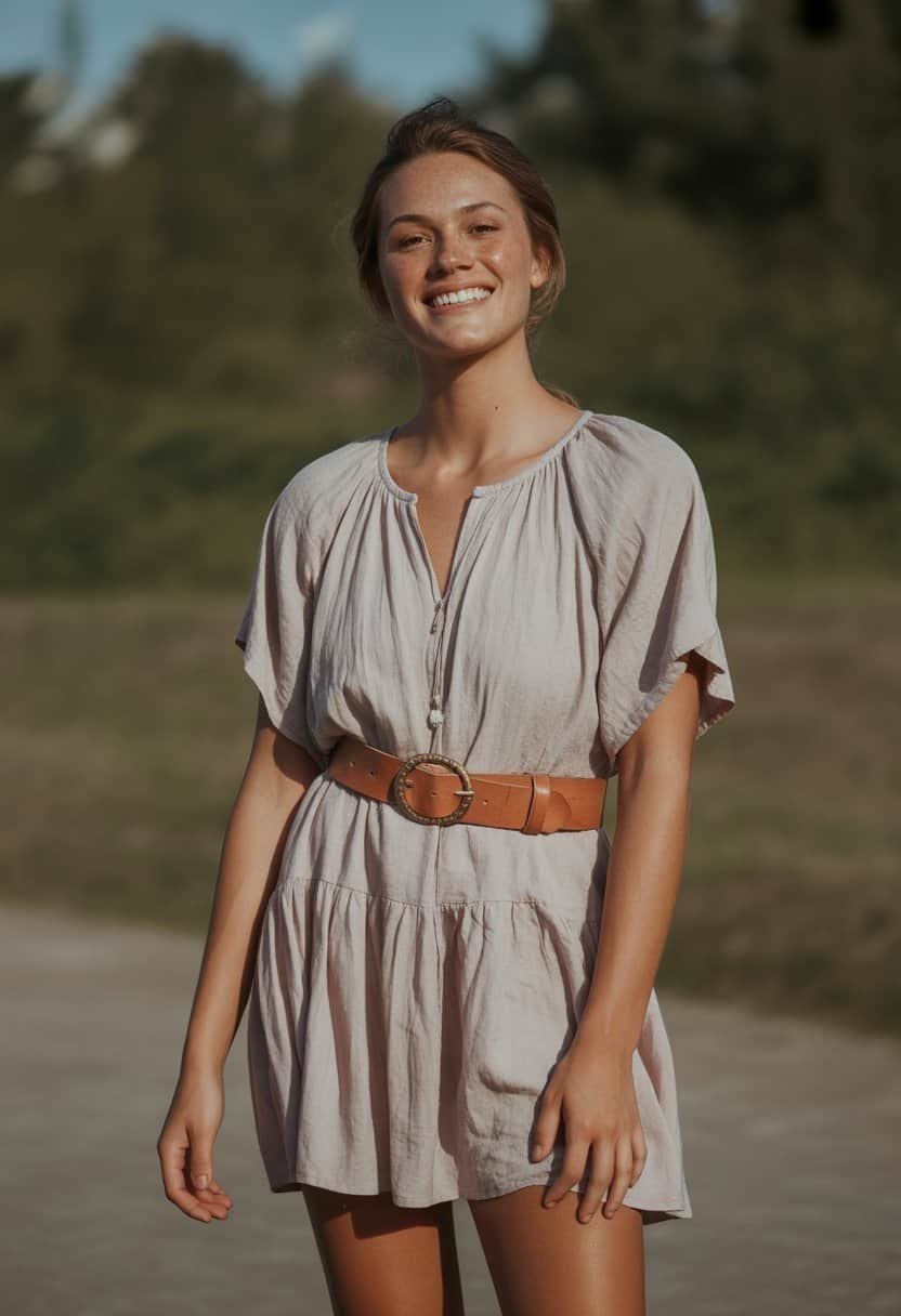 A young woman standing outdoors wearing a flowy dress with a chunky leather belt, smiling naturally.