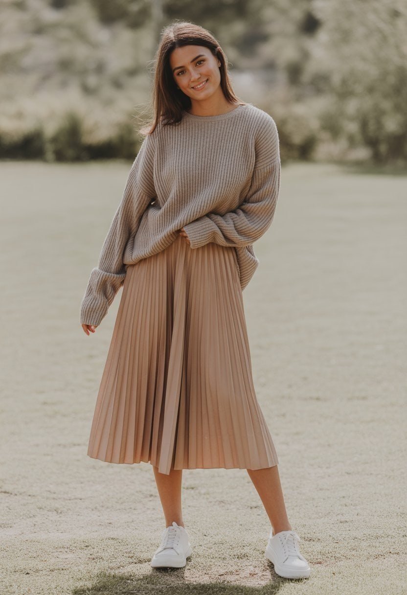 A young woman standing outdoors wearing a pleated midi skirt and a relaxed sweater, smiling gently.
