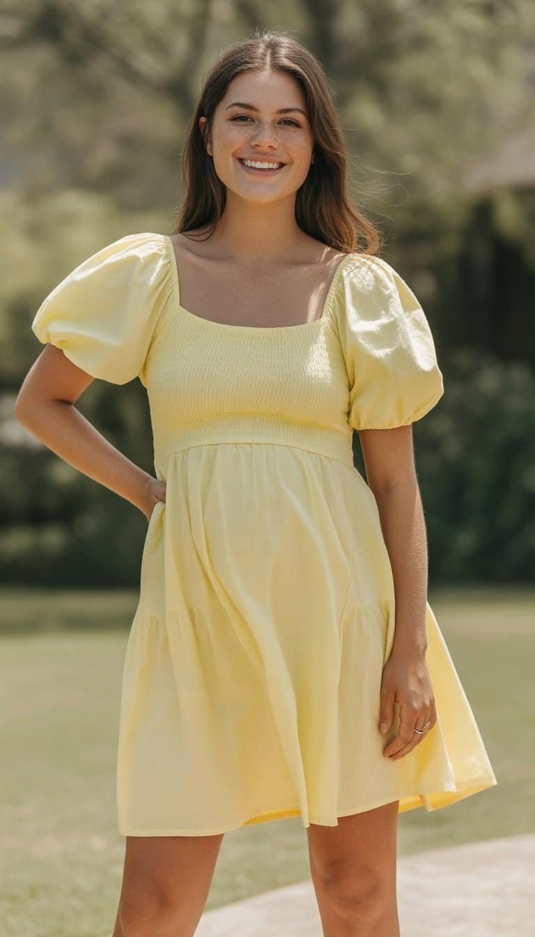 A young woman standing outdoors wearing a yellow sundress with puff sleeves, smiling gently.