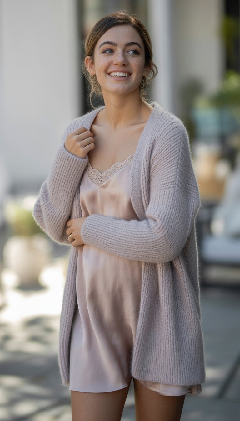 A young woman standing outdoors wearing a cardigan over a dress, smiling gently at the camera.