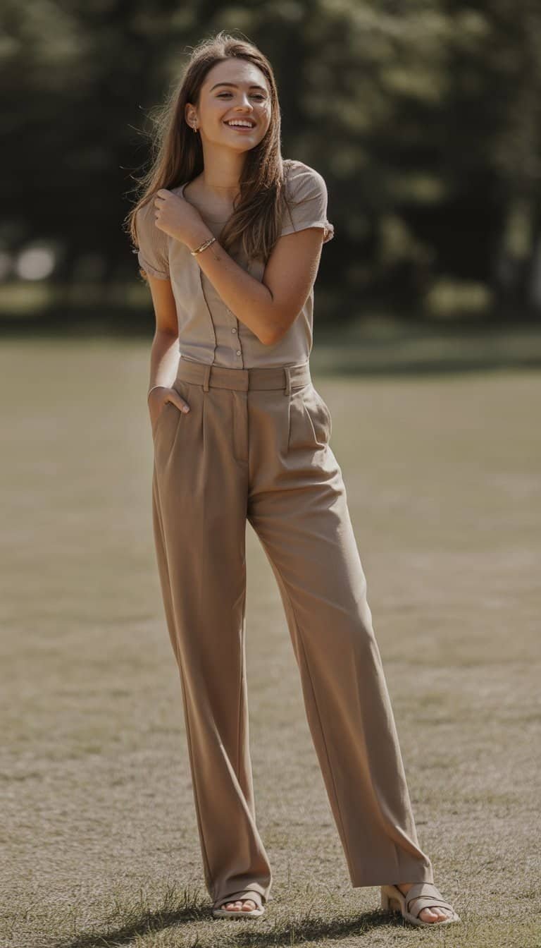 A young woman standing outdoors wearing high-waisted trousers and a fitted blouse, looking relaxed and smiling gently.