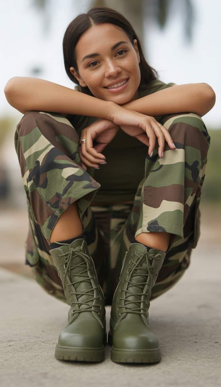 A young woman standing outdoors wearing army green combat boots and camouflage cargo pants, looking relaxed and confident.