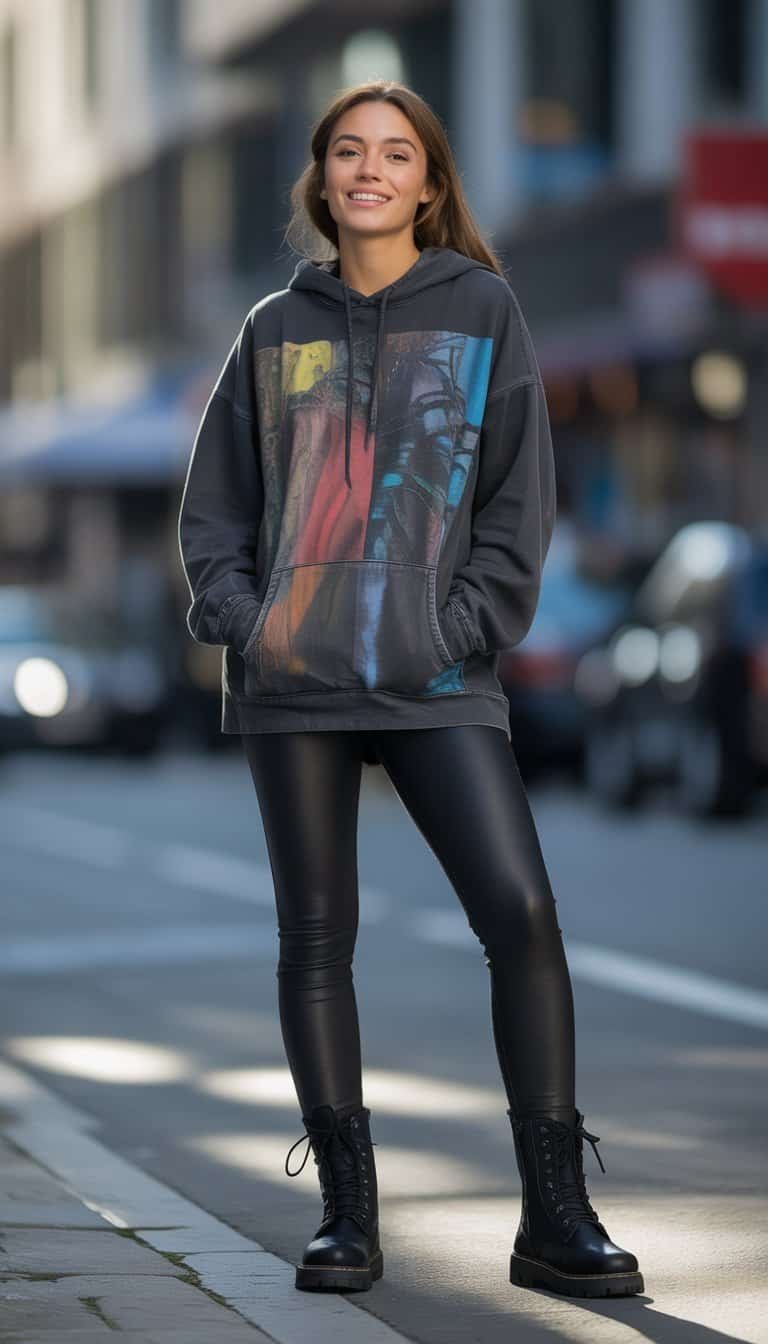 A young woman standing outdoors on a city street wearing leggings, a hoodie, and boots, looking relaxed and natural.