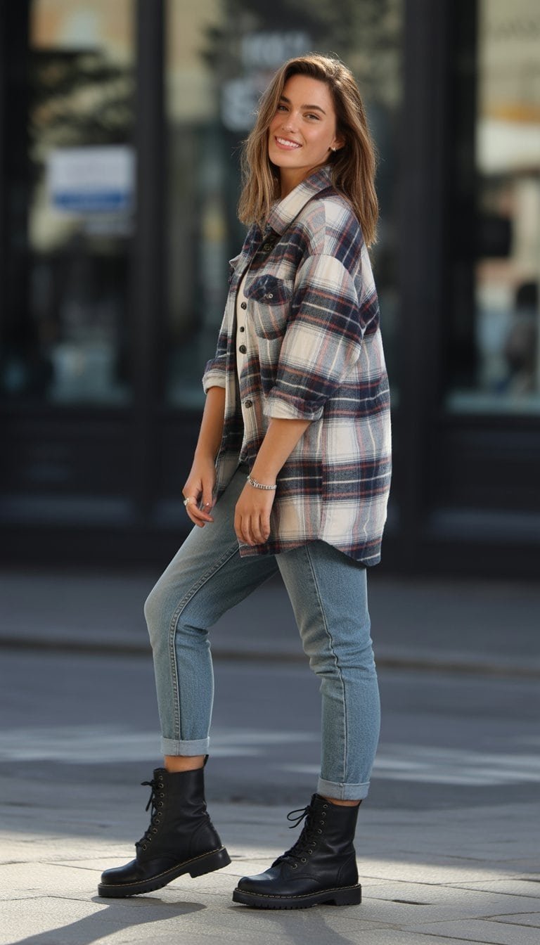 A young woman standing on a city street wearing black boots, a plaid shirt, and skinny jeans.