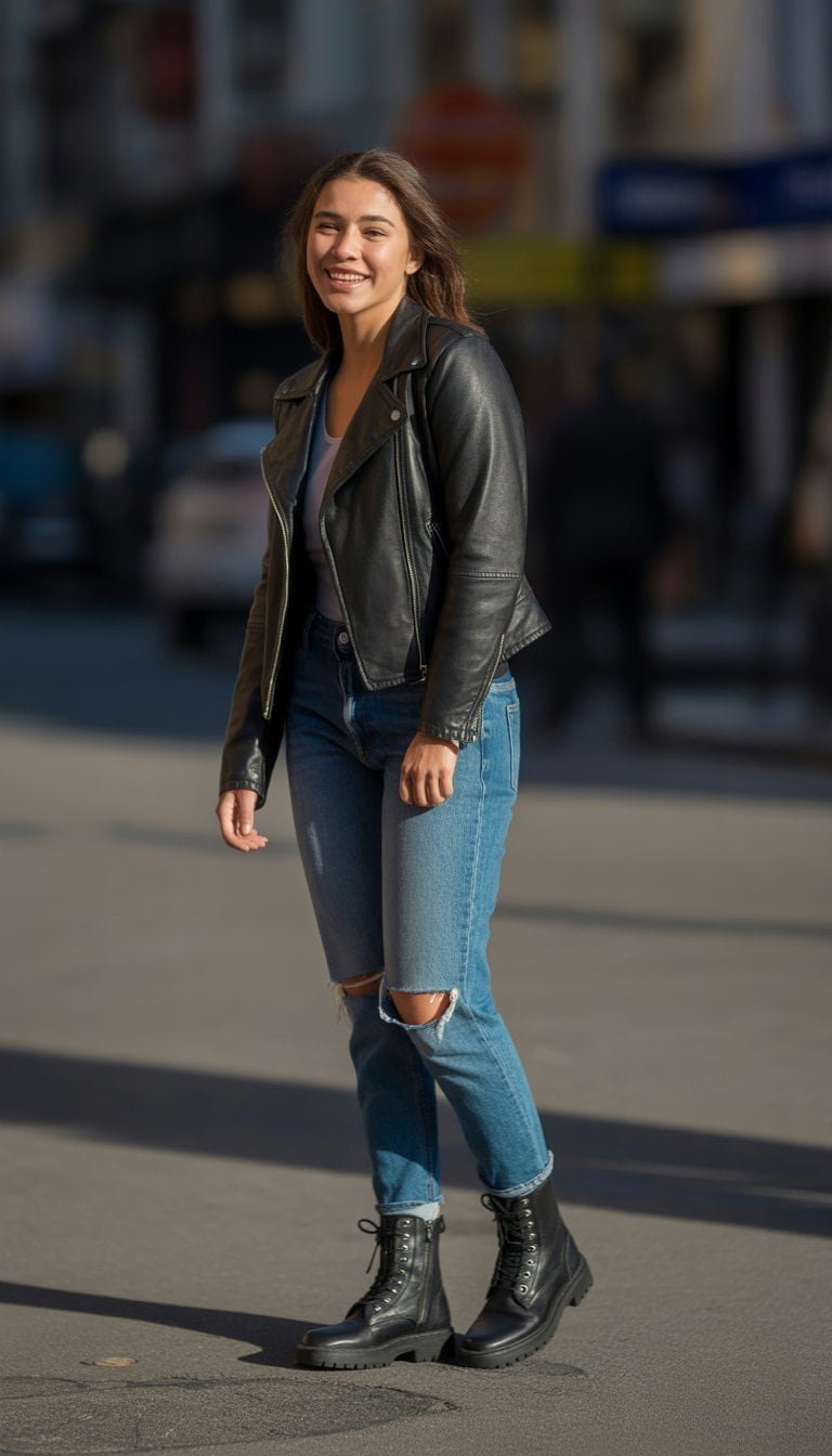 A young woman stands on a city street wearing boots, a leather jacket, and ripped jeans, looking relaxed and natural.