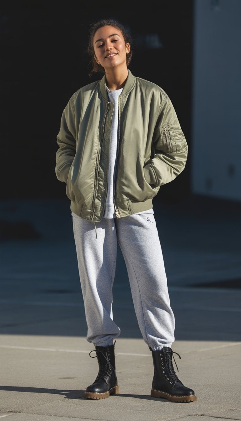 A young woman standing outdoors wearing a jacket, joggers, and boots, looking relaxed and natural.