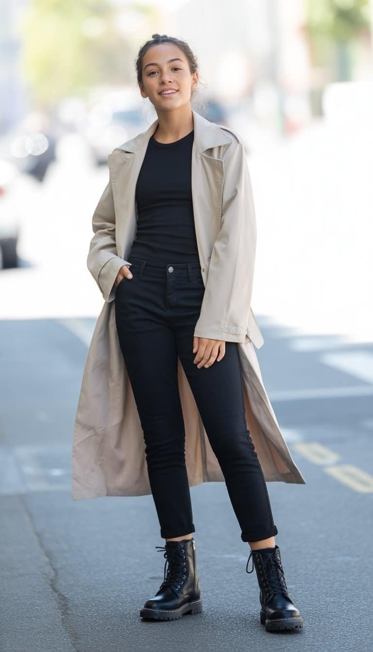 A young woman standing on a city street wearing a long coat, slim pants, and black boots, looking relaxed and confident.