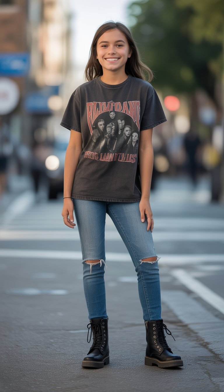 A young woman standing on a street wearing boots and casual clothes, smiling naturally.