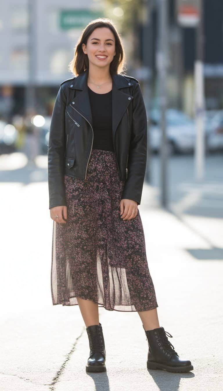 A young woman standing on a city street wearing a floral skirt, leather jacket, and combat boots, smiling gently at the camera.